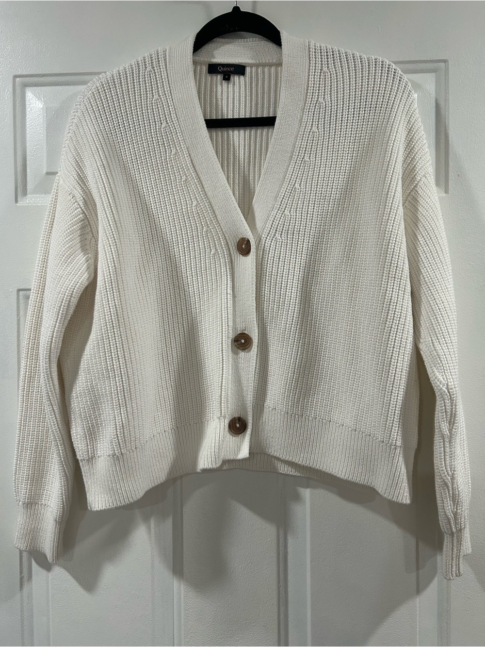 Quince Cream Button-Front V-Neck Knit Cardigan 100% cotton